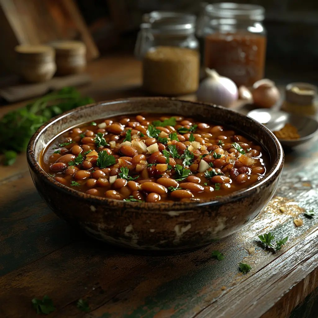 A bowl of homemade baked beans with sauce and garnishes.