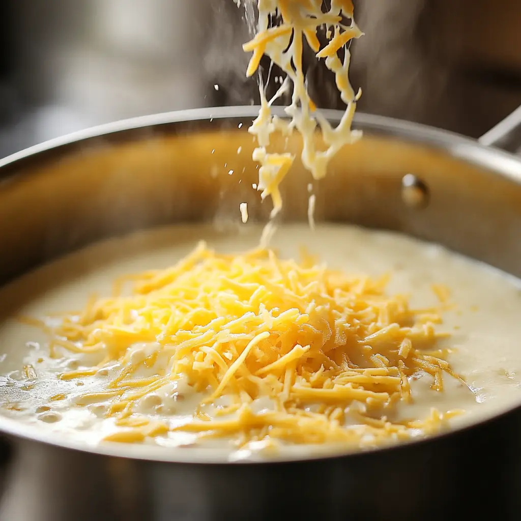 Cheese being melted into white sauce in a saucepan.