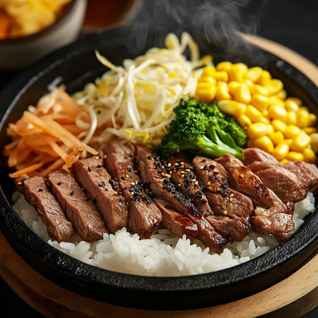 Sizzling Pepper Lunch meal with beef, rice, and vegetables.