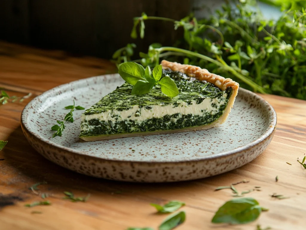 Slice of savory spinach and ricotta pie