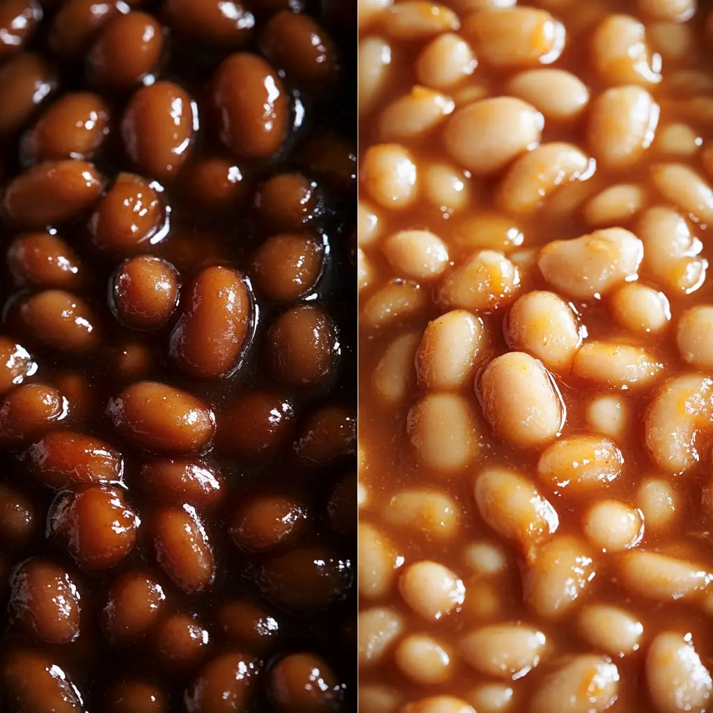 Close-up comparison of Boston baked beans and regular baked beans.