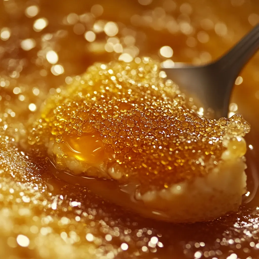 Spoon cracking caramelized sugar on crème brûlée