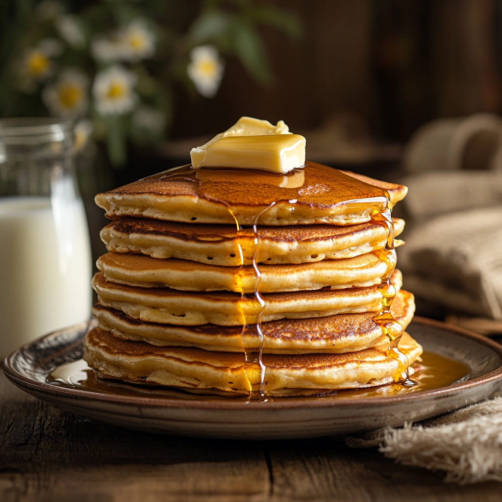 Fluffy pancakes with butter and syrup beside a glass of milk.