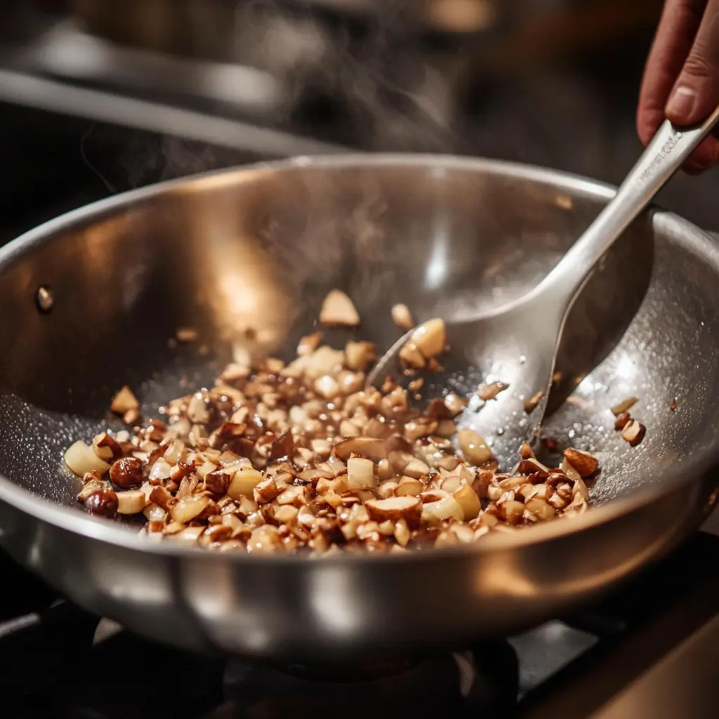 Shallots, garlic, and mushrooms being sautéed in a pan.