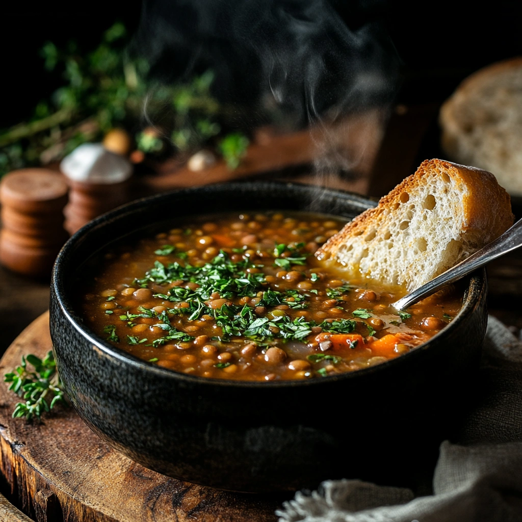 A bowl of hearty lentil soup served with bread.