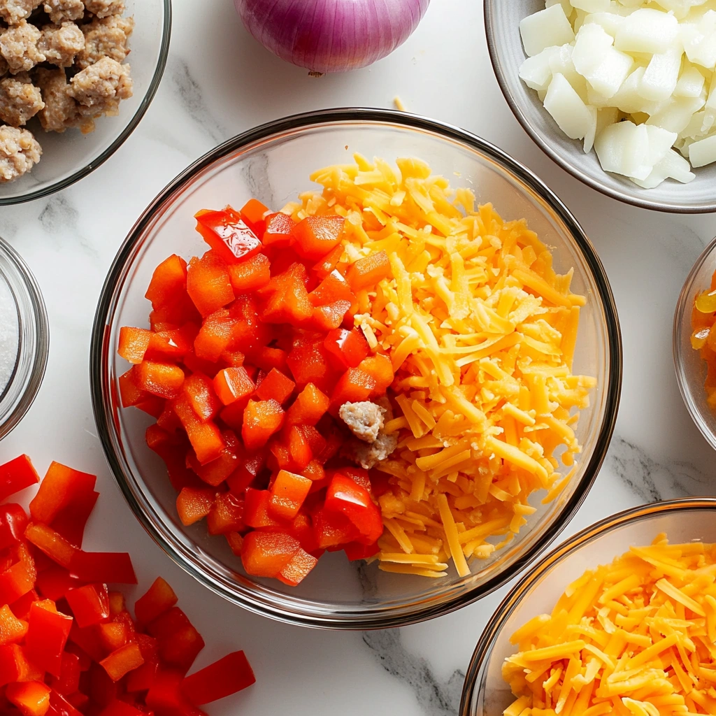 Fresh ingredients for a breakfast casserole, including eggs, cheese, and veggies.