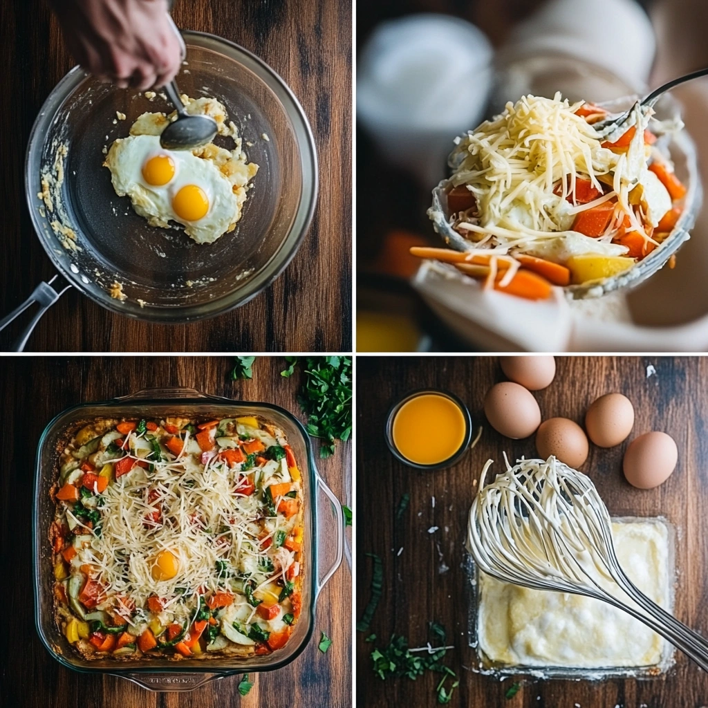 Steps to prepare a breakfast casserole with eggs and vegetables.