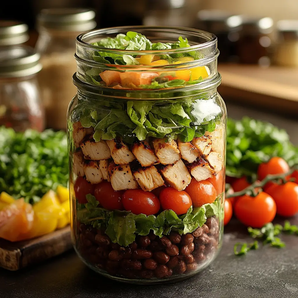 Step-by-step layers of a chicken Caesar mason jar salad.