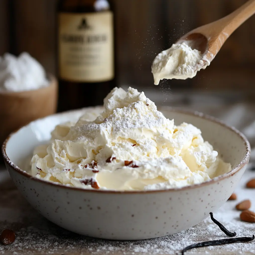 Ingredients for Chantilly cream being whipped in a bowl.
