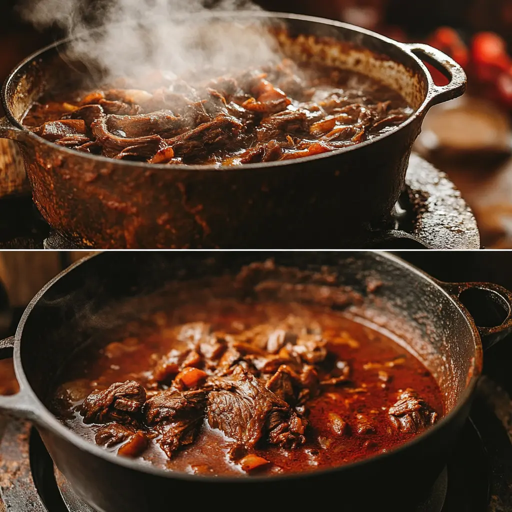 Meat simmering in adobo sauce for birria tacos.