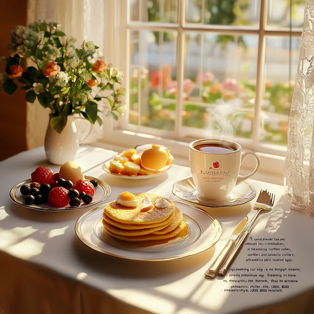 A vibrant breakfast spread featuring pancakes, fresh fruit, eggs, and coffee on a sunny morning table.