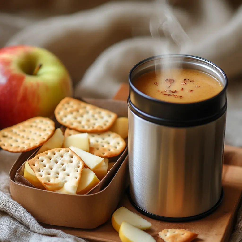 Hot soup in a thermos with a healthy lunchbox.