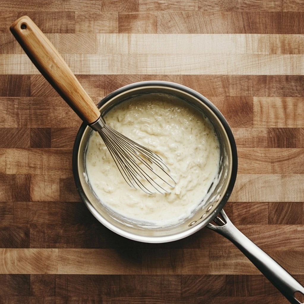 Fresh creamy white sauce being whisked in a saucepan