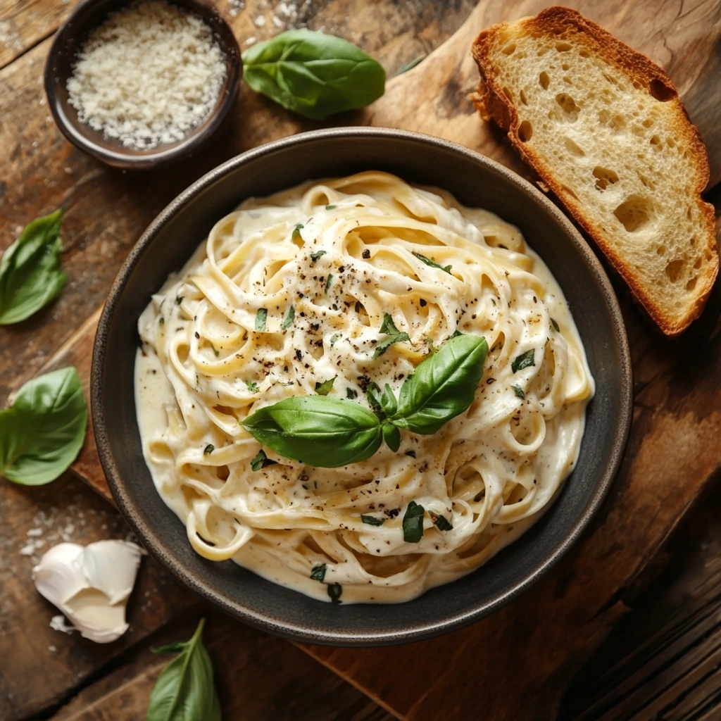 A bowl of fettuccine alfredo with garlic bread.