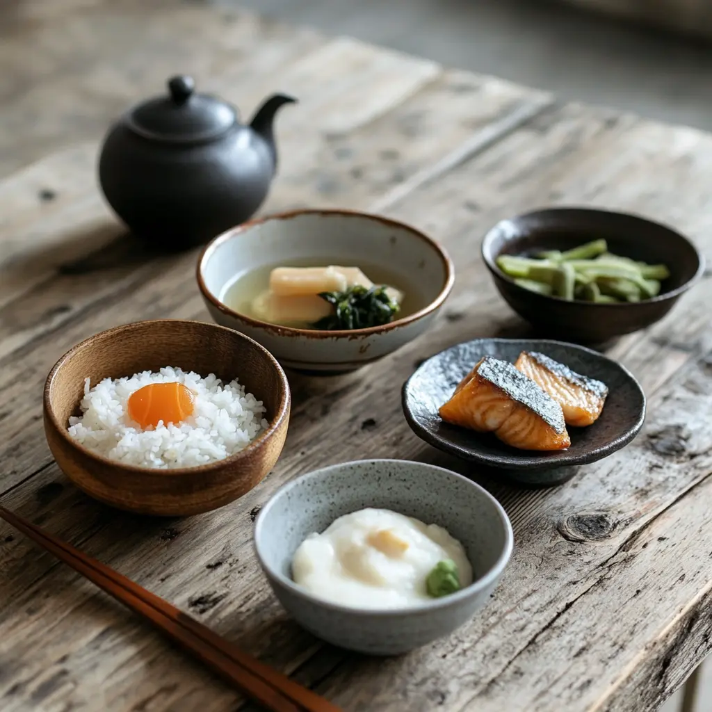 Traditional Japanese breakfast with rice, miso soup, and grilled fish