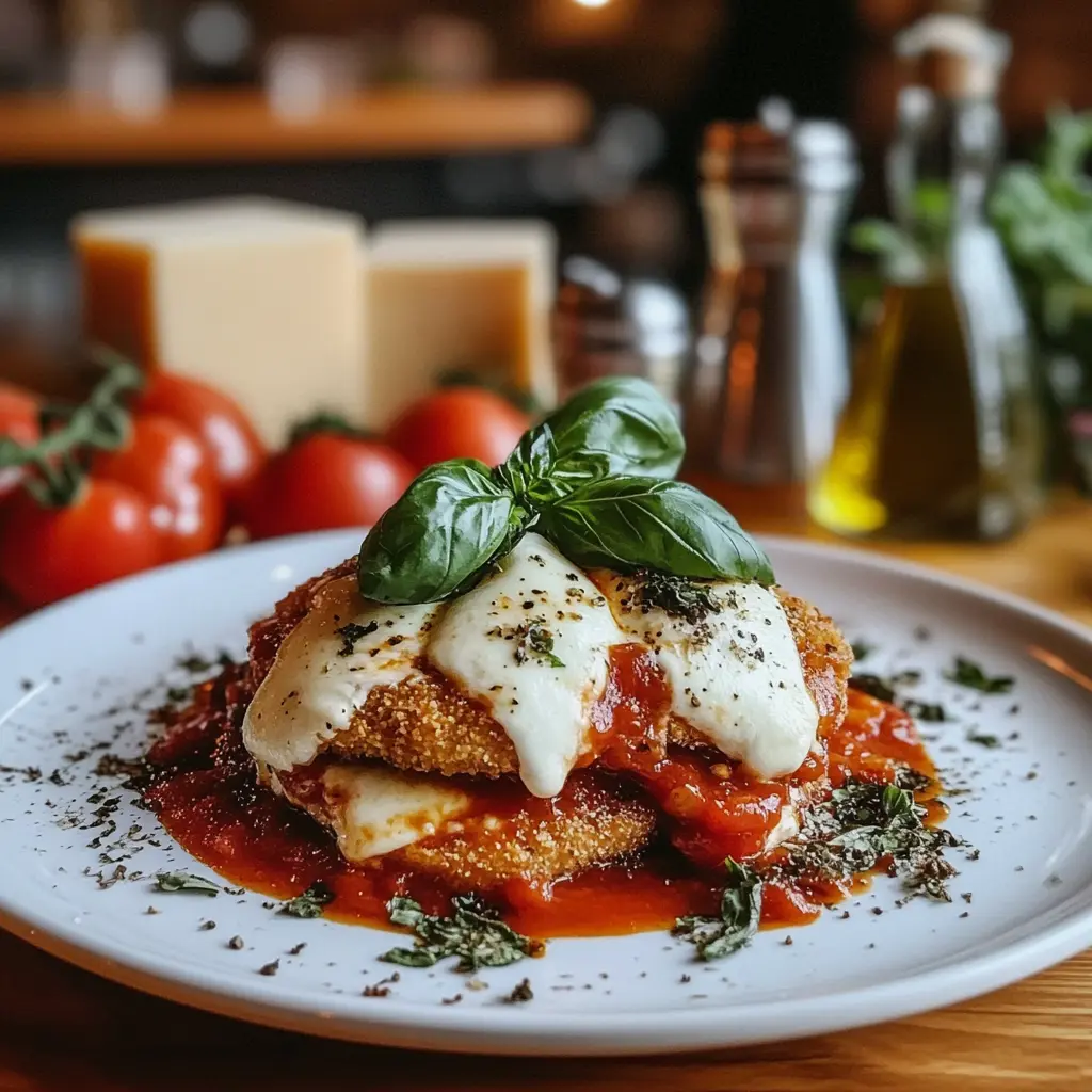Classic Chicken Parmesan served on a plate with tomato sauce and mozzarella.
