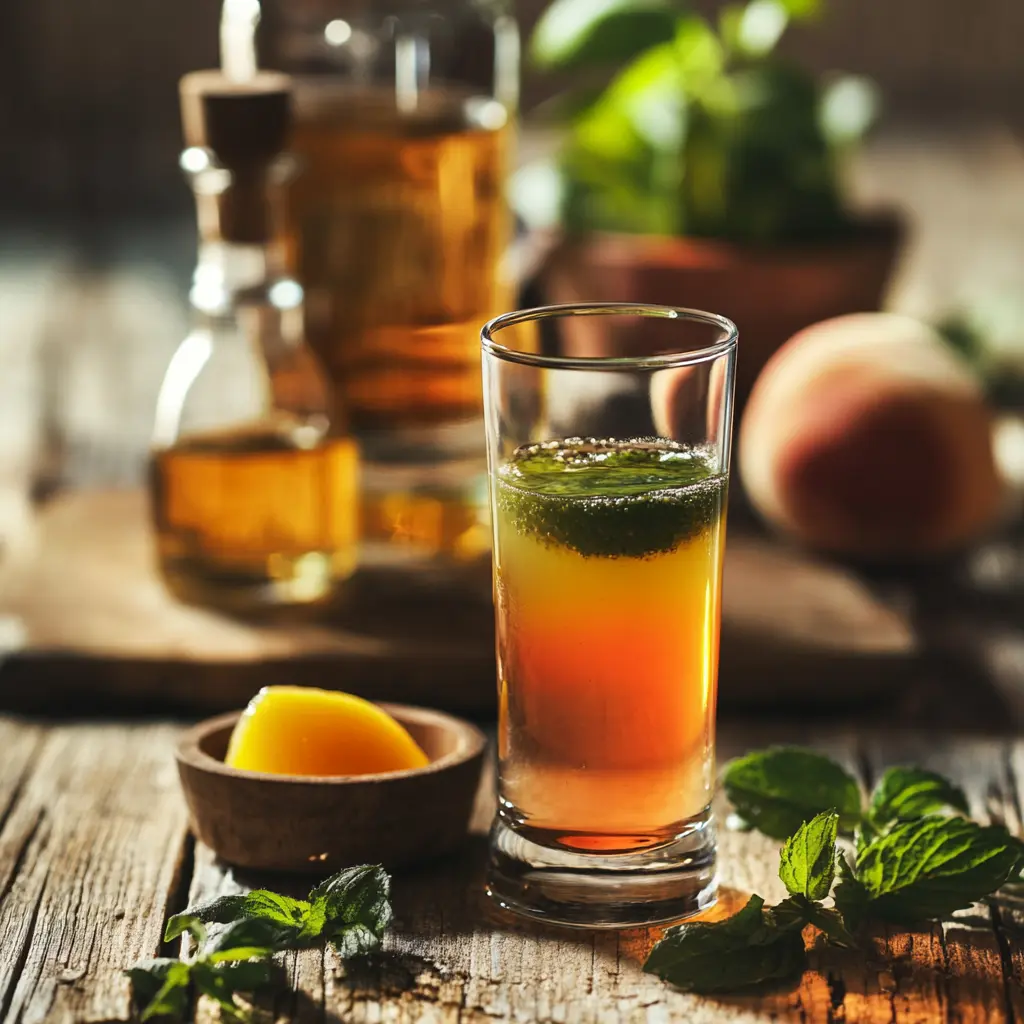 Ingredients in a green tea shot displayed with a prepared drink.