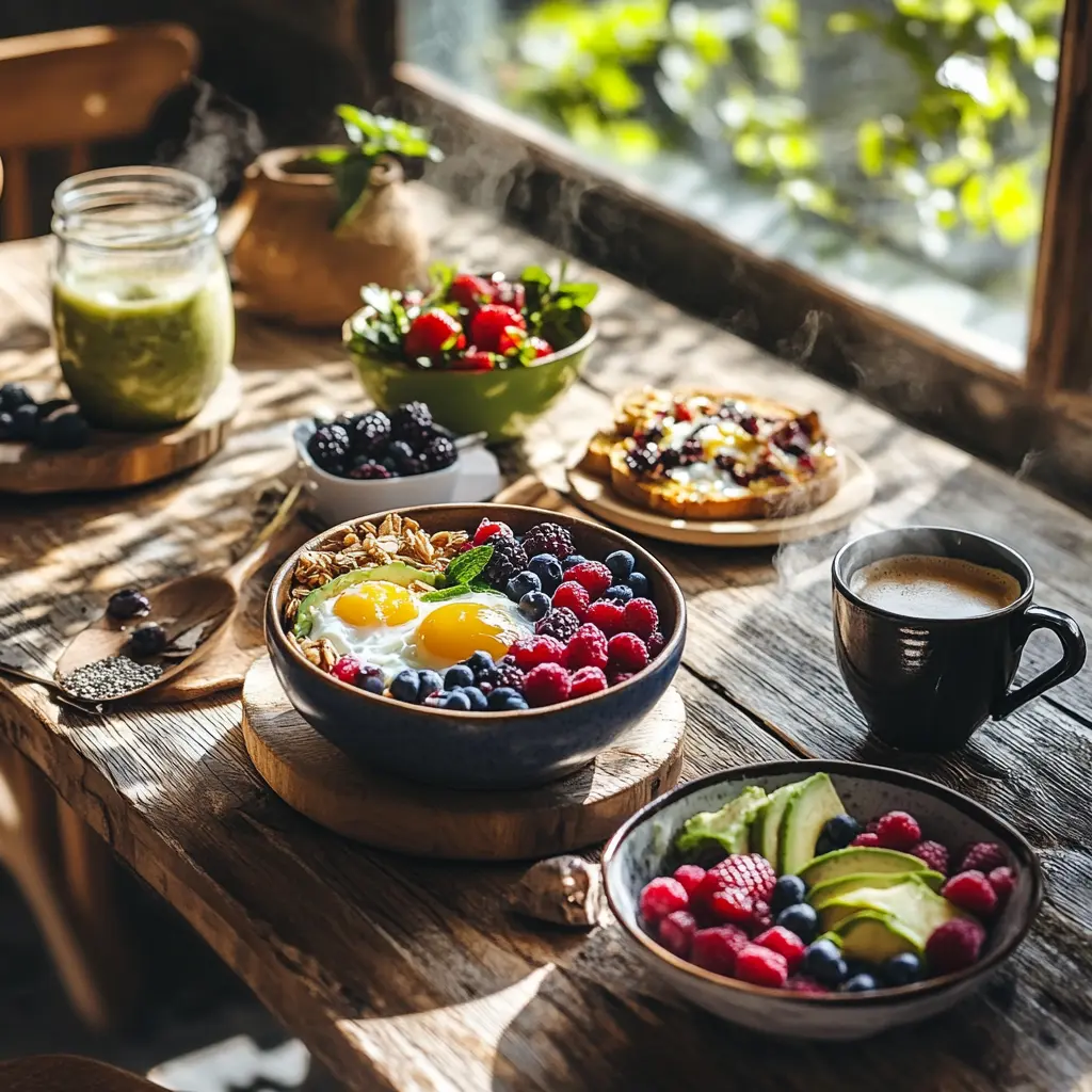 A colorful and nutritious breakfast spread with smoothie bowls, avocado toast, and coffee.