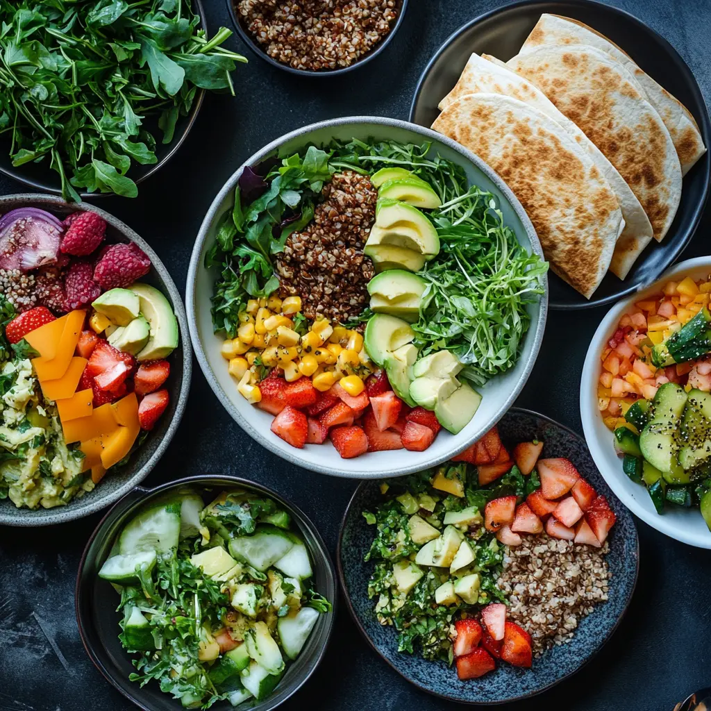 A balanced lunch spread featuring grain bowls, salads, and wraps.