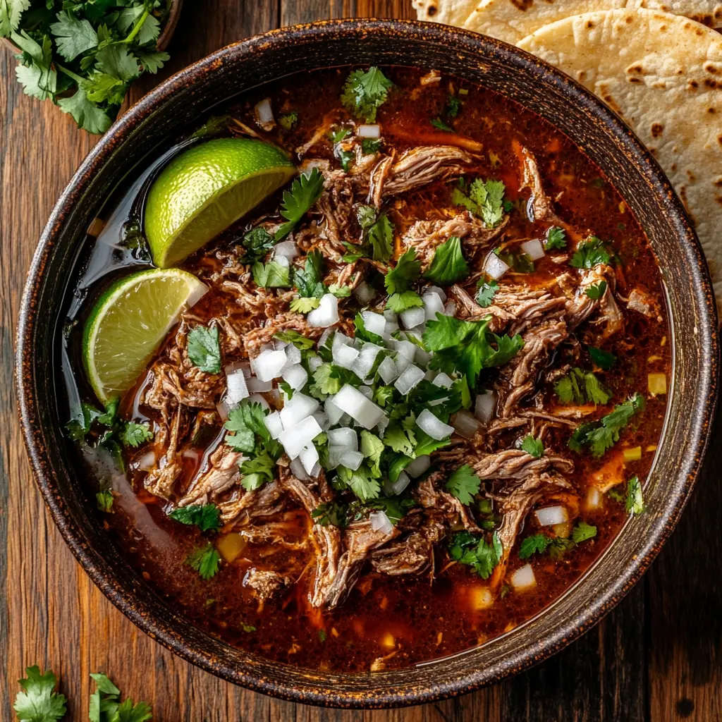 A bowl of birria broth with garnishes and tortillas