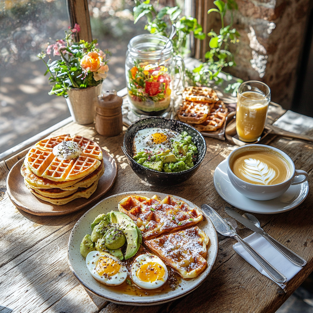 Pancakes, scrambled eggs, and toast breakfast.