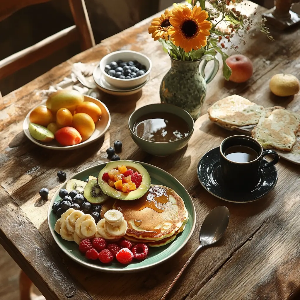 A diverse breakfast menu with pancakes, fruit, smoothie bowl, toast, and coffee.