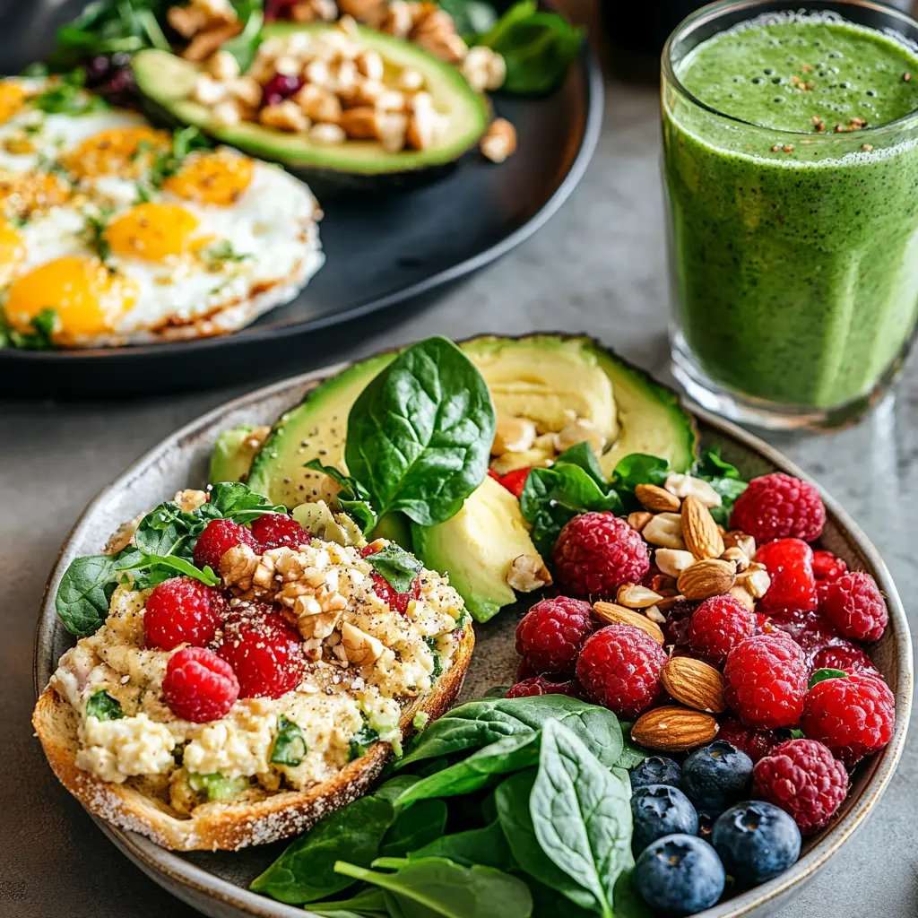 Healthy breakfast table with avocado toast, oatmeal, and eggs