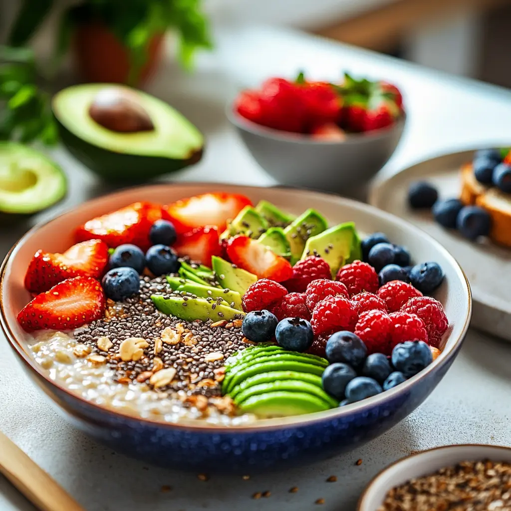 A balanced weight-loss breakfast spread with oatmeal, avocado toast, and a smoothie bowl.