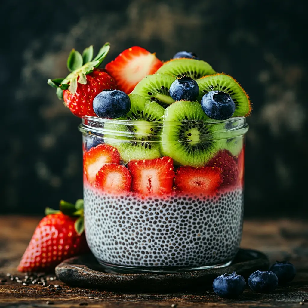 A fiber-rich chia seed pudding topped with fresh fruits.