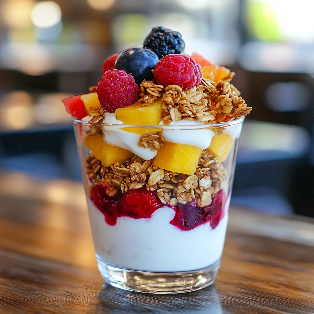 Colorful fruit and yogurt parfait layered with fresh berries and granola