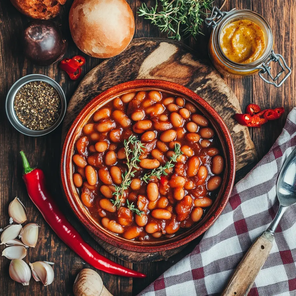 Flat-lay of dinner table with baked beans and side ingredients for enhancing flavor.