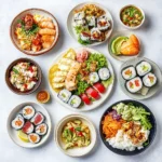 A colorful array of lunch dishes from global cuisines.