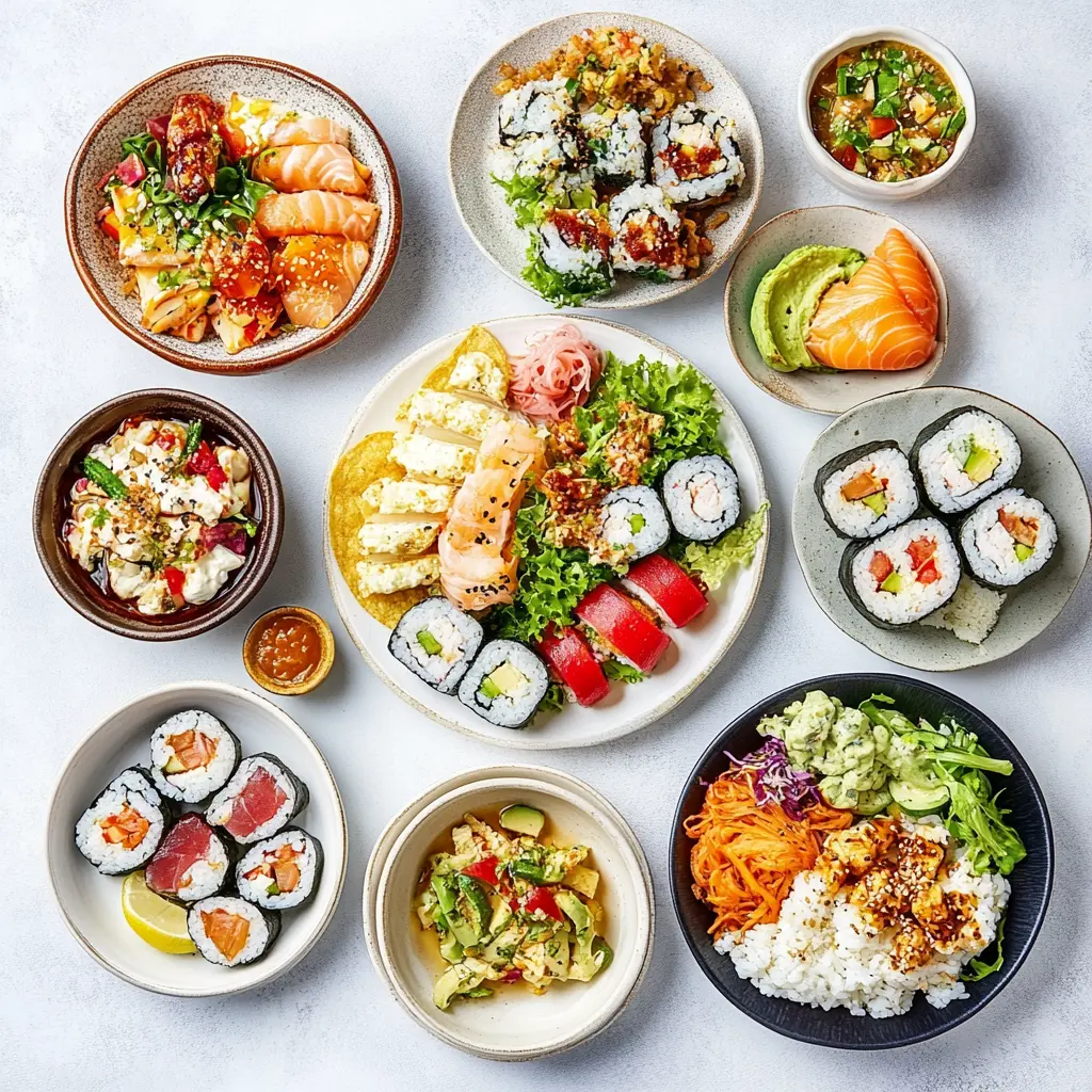 A colorful array of lunch dishes from global cuisines.