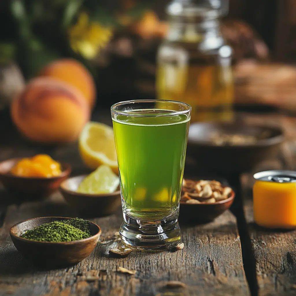 Vibrant green tea shot recipe displayed with key ingredients