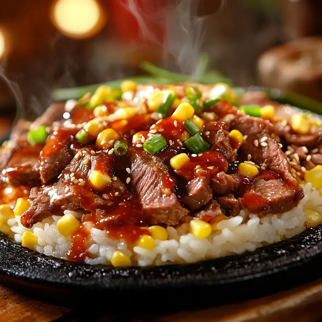 A sizzling Pepper Lunch meal featuring rice, beef, and sweet sauce.