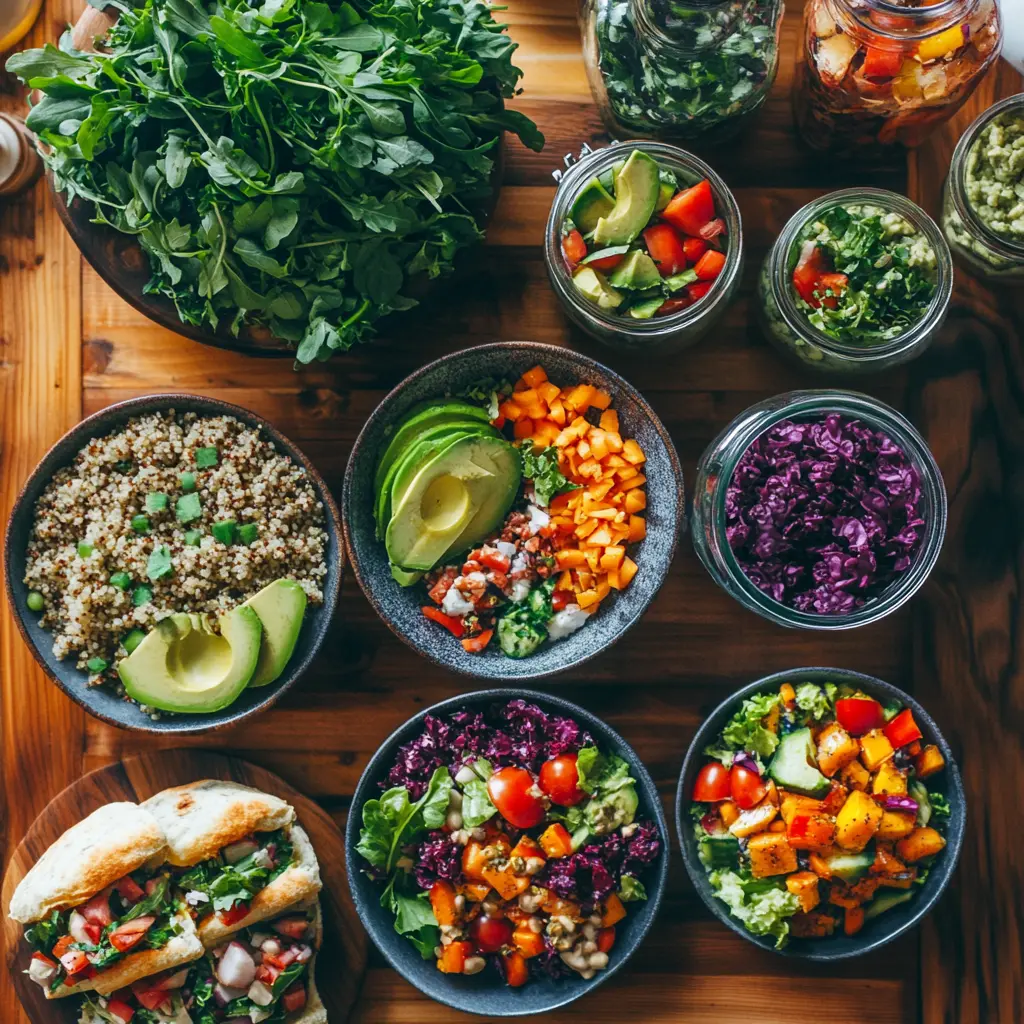 A vibrant spread of 10 healthy lunch options, including salads, wraps, and bowls.