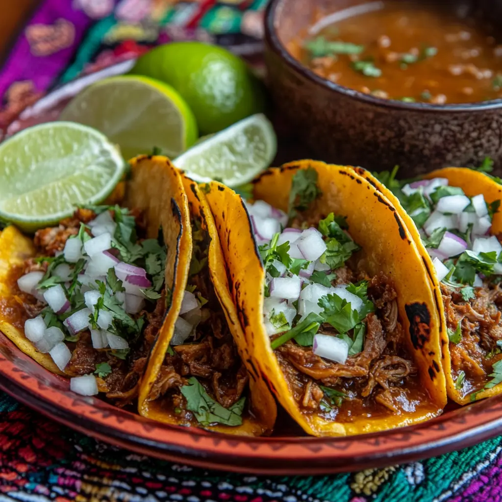 A delicious plate of birria tacos with consomé and toppings
