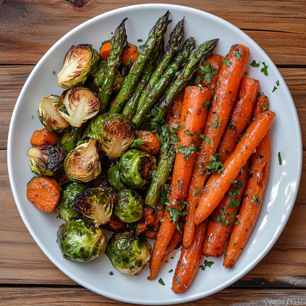 Sautéed vegetables including Brussels sprouts, carrots, and asparagus.