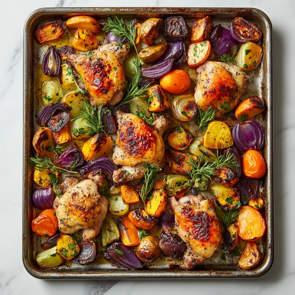A roasted chicken and vegetable sheet pan dinner.