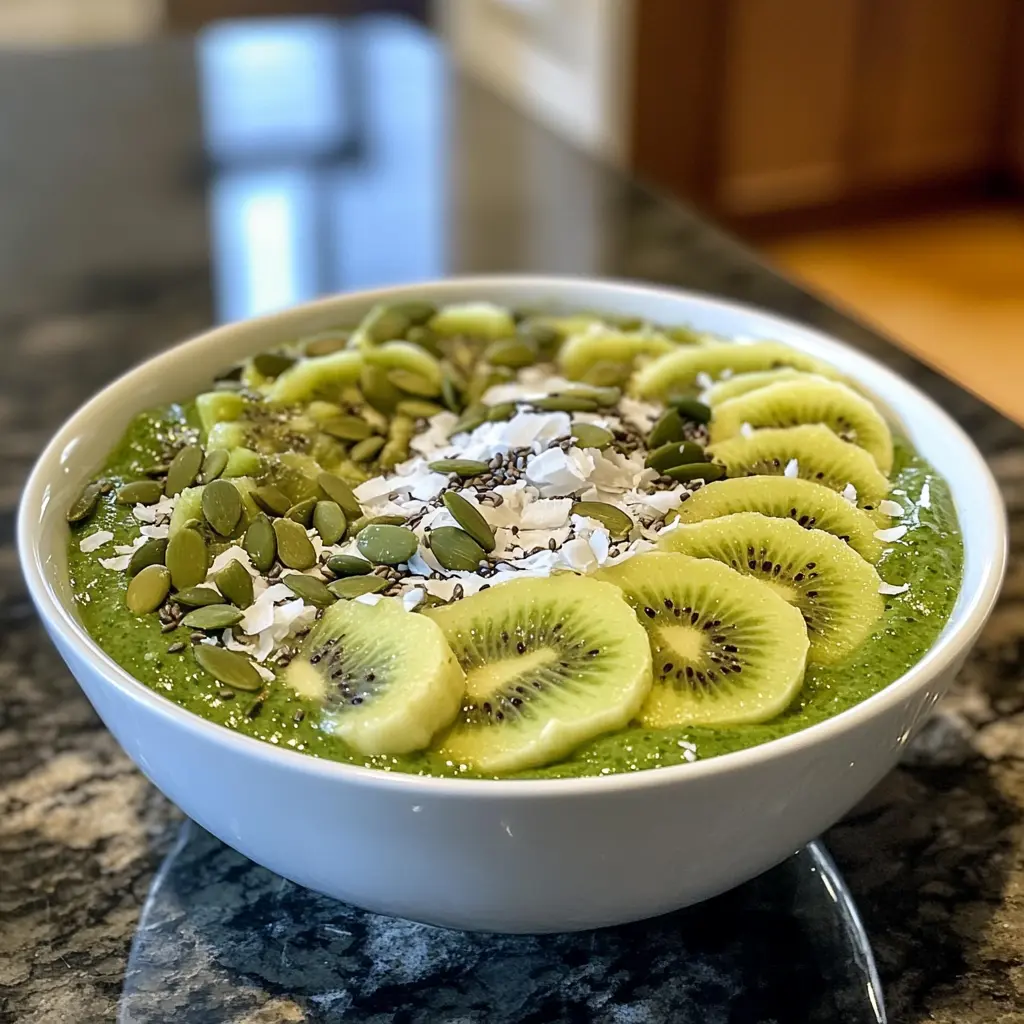A smoothie bowl topped with fresh fruits and seeds.