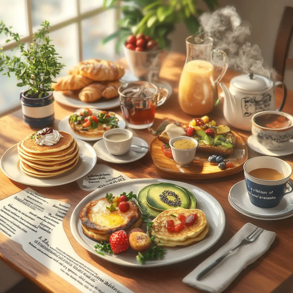 A colorful table of international breakfast dishes.