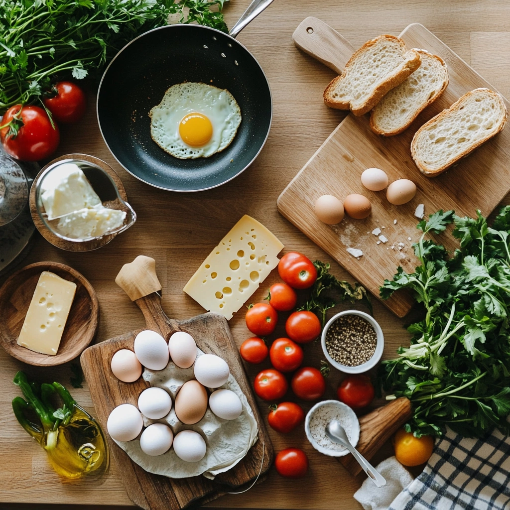 Simple ingredients and basic tools for easy cooking on a kitchen counter.
