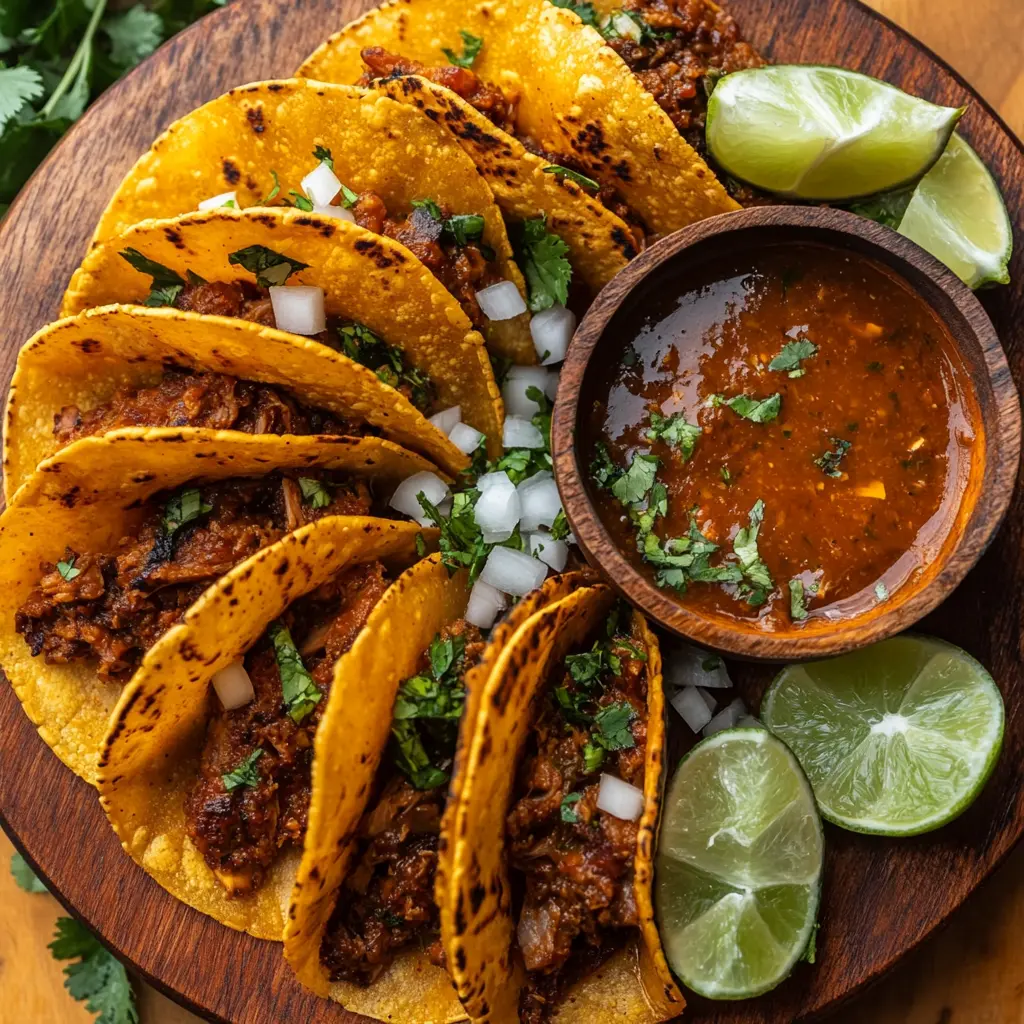 Birria tacos with a bowl of dipping sauce.