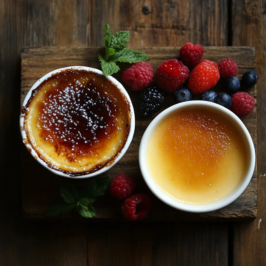 Crème brûlée and custard side by side.