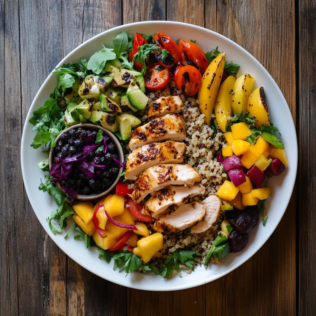 Wholesome lunch plate with quinoa salad, grilled chicken, and fresh fruit.