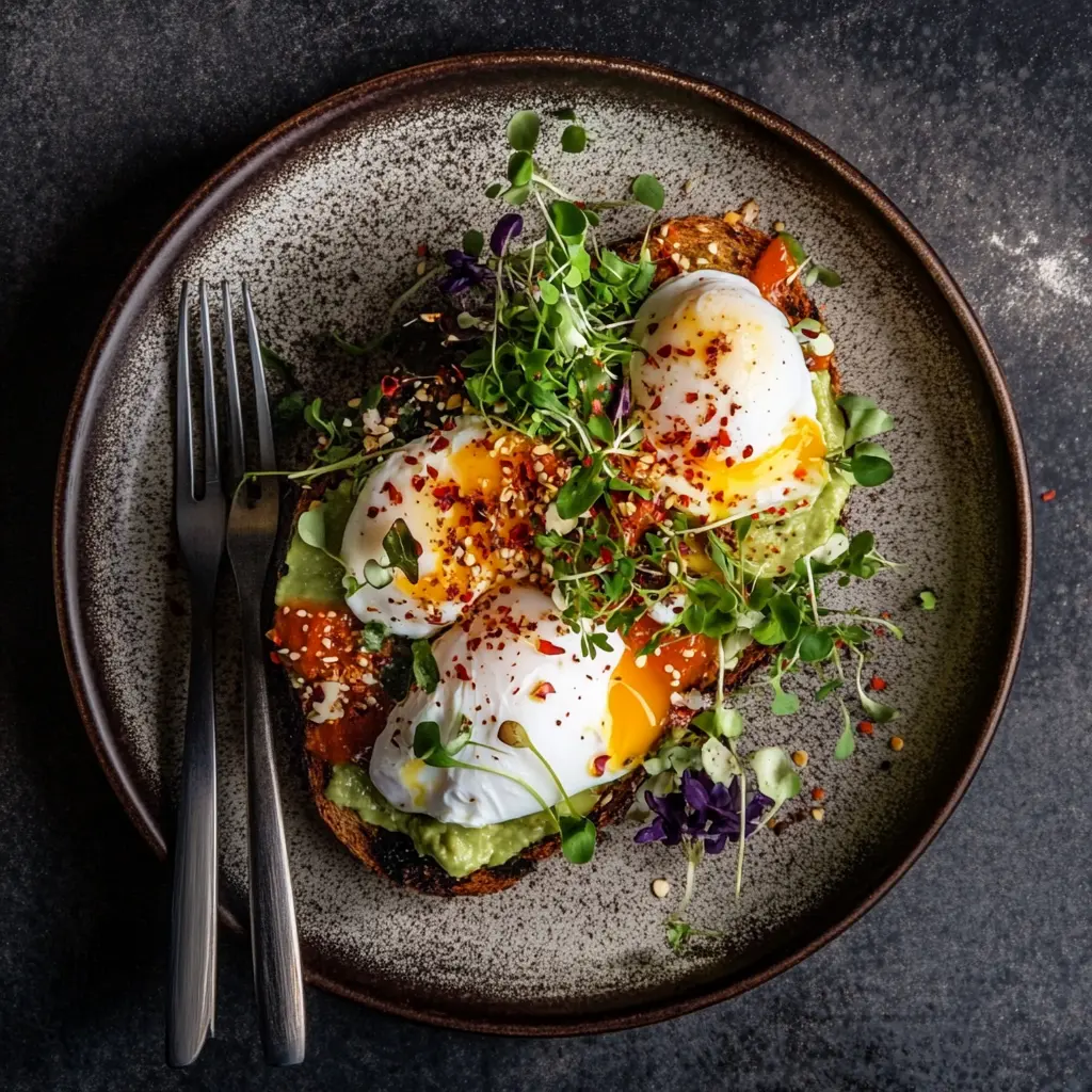 Avocado toast with poached eggs and chili flakes.