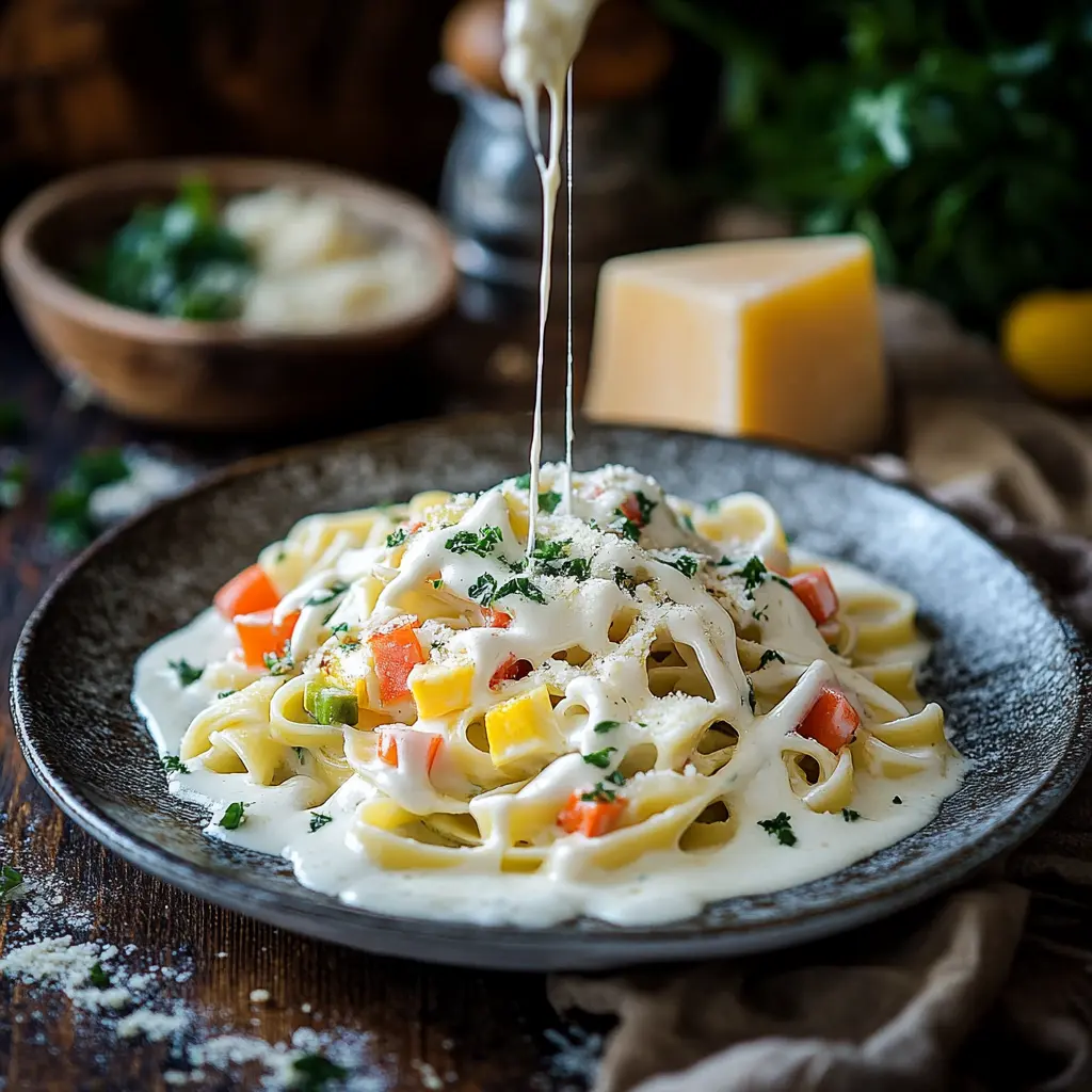 White sauce drizzled over creamy pasta with vegetables