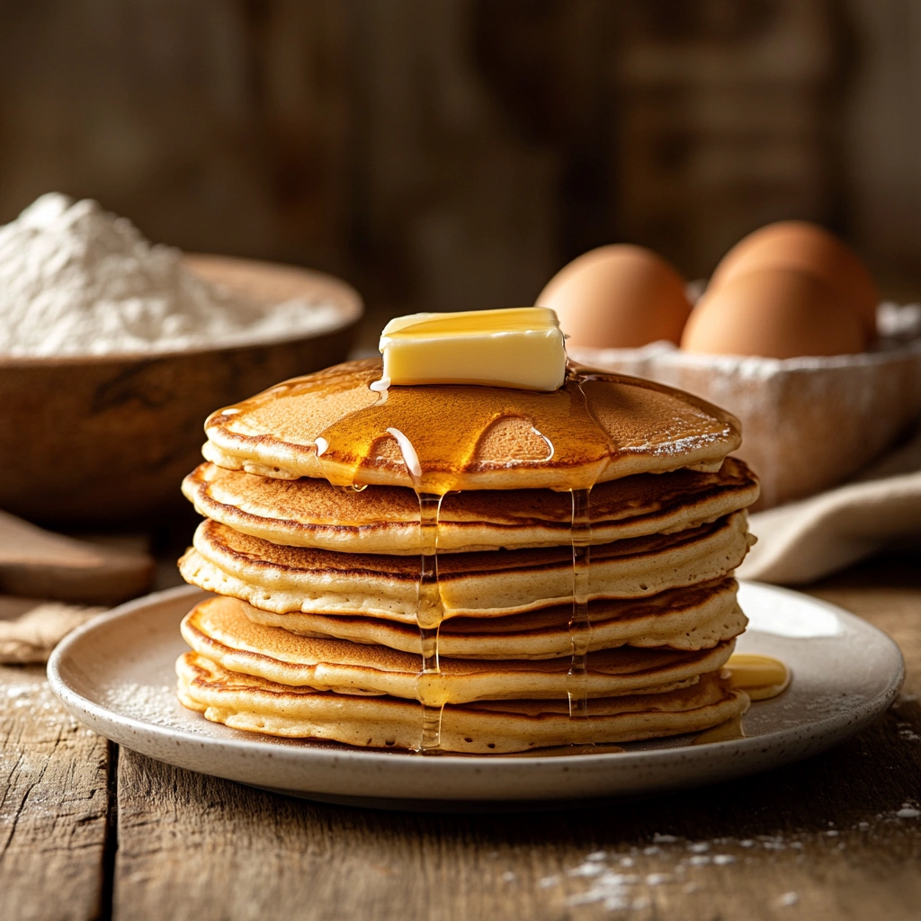 Stack of pancakes with syrup and butter on a rustic table