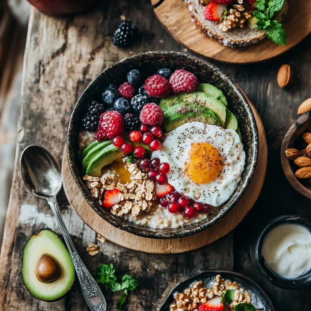 A diverse platter of healthy breakfast dishes.
