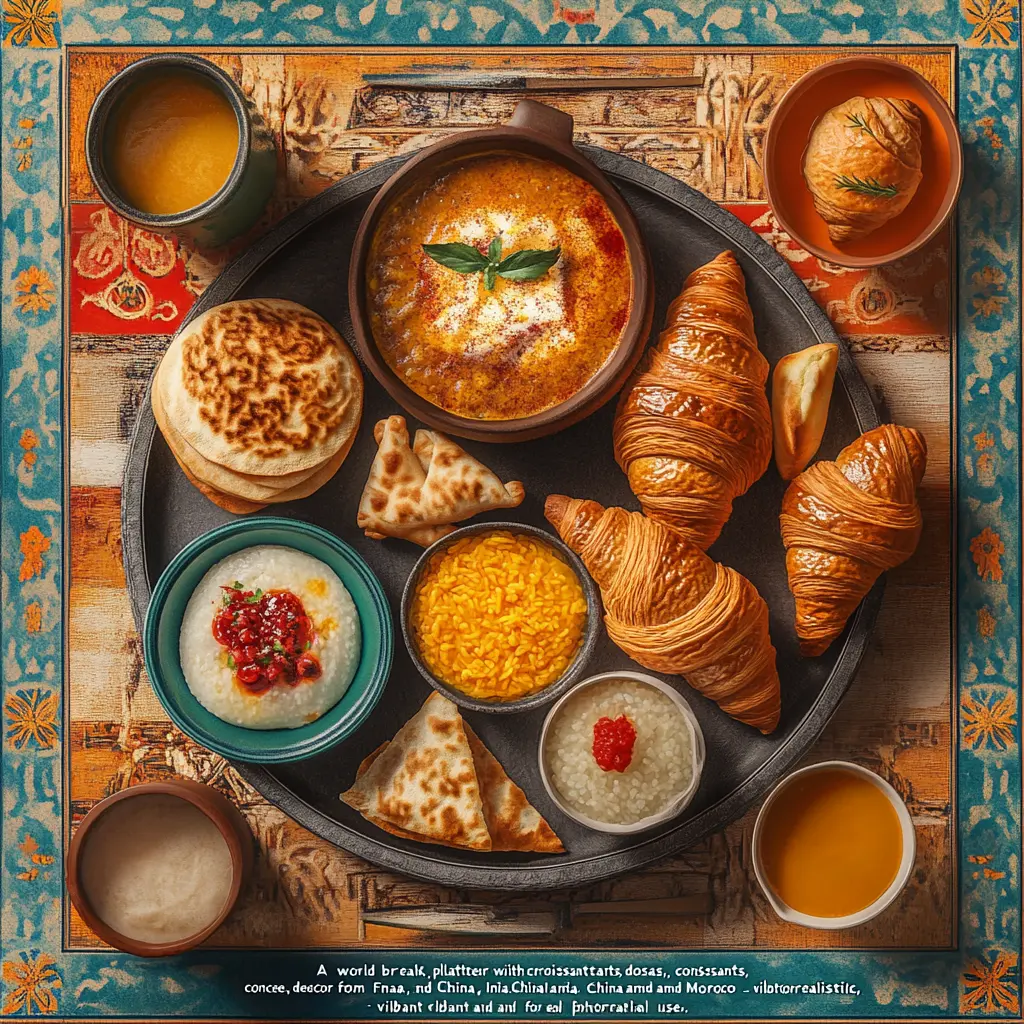 International breakfast dishes like croissants, dosas, and congee
